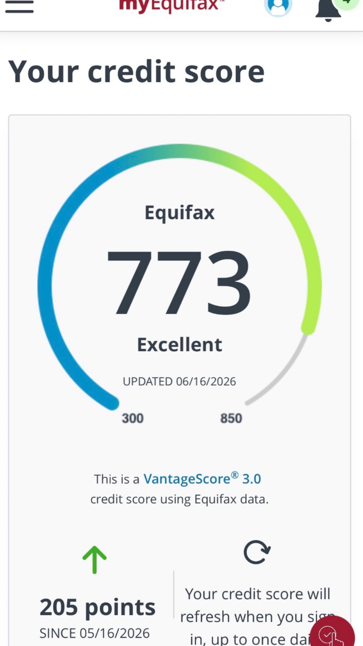 Equifax 773 Excellent credit score