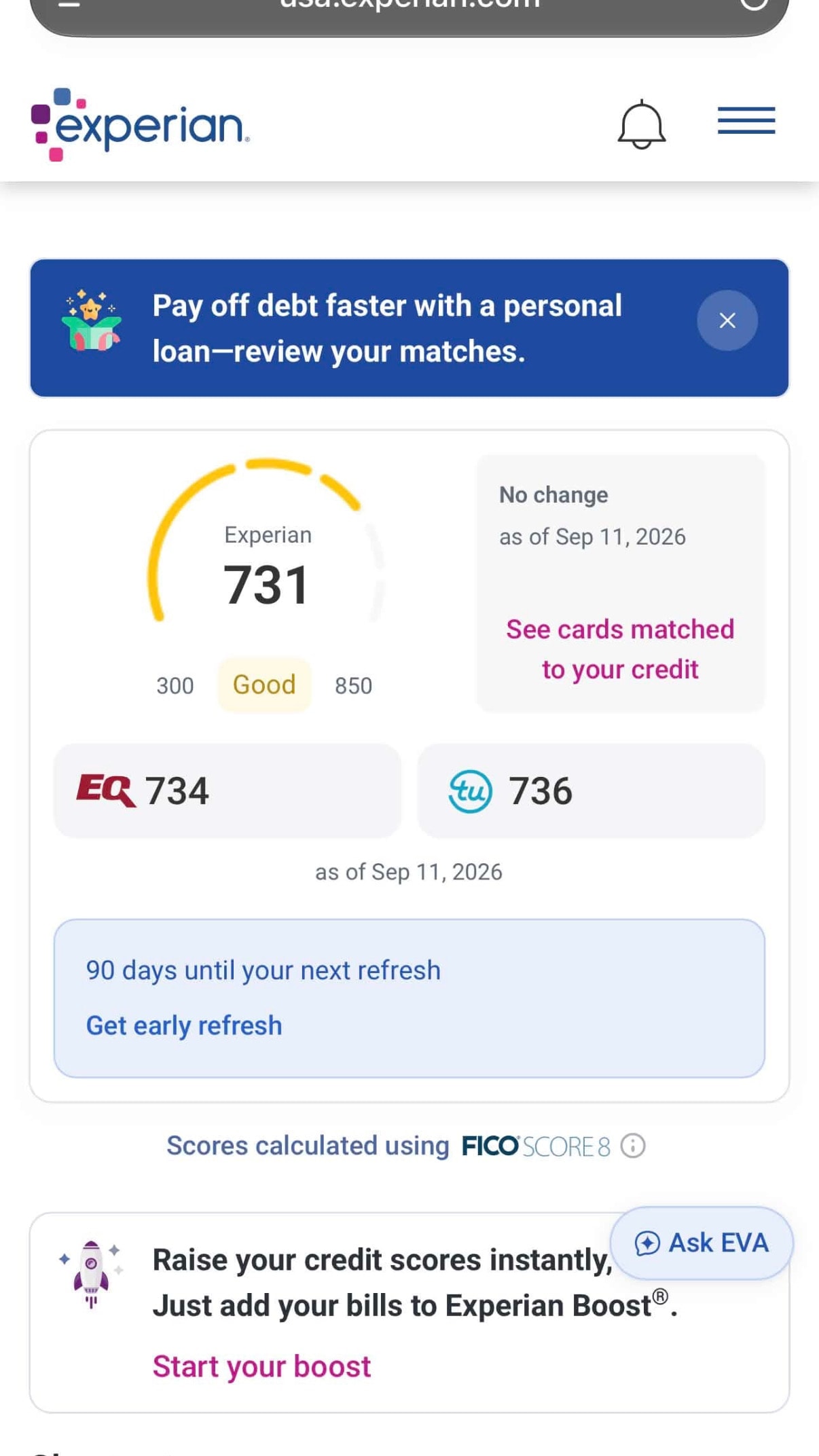 Experian 731 Good credit score dashboard